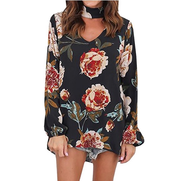 Floral Long Sleeve Choker Neck Tunic Top Shirt - Picture 2 of 4
